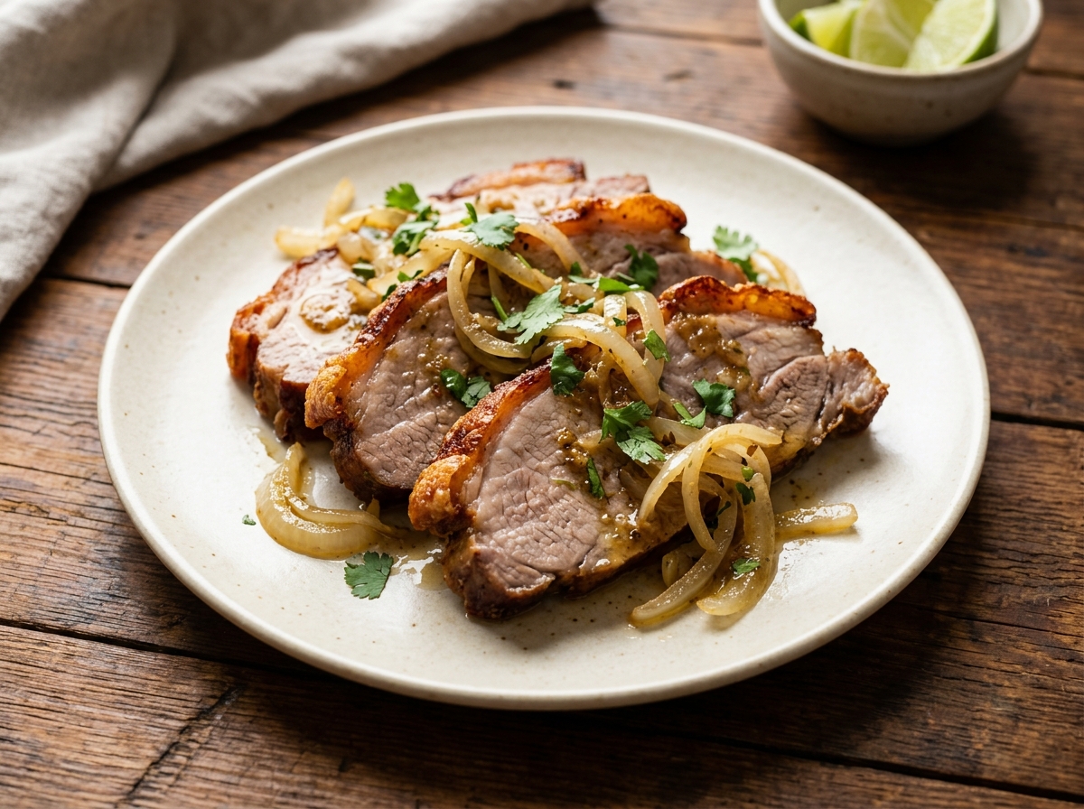 Puerco asado cubano marinado en mojo criollo con piel dorada