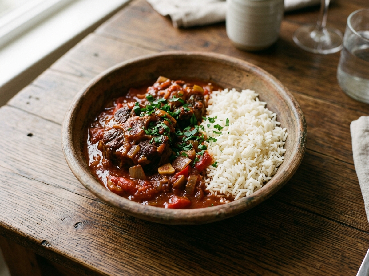 Rabo encendido cubano guisado en salsa roja de vino tinto