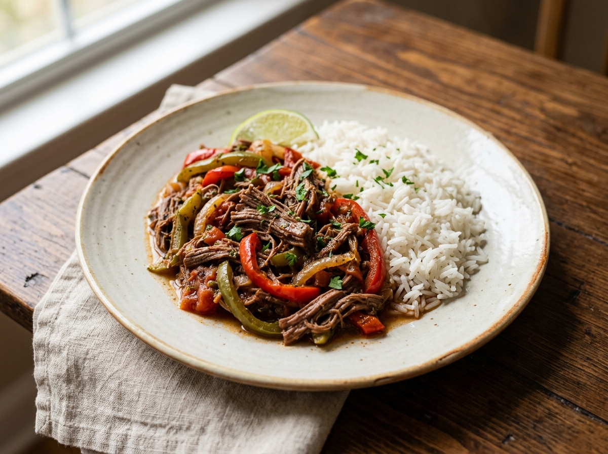 Ropa vieja cubana, carne de res deshebrada en sofrito de pimientos
