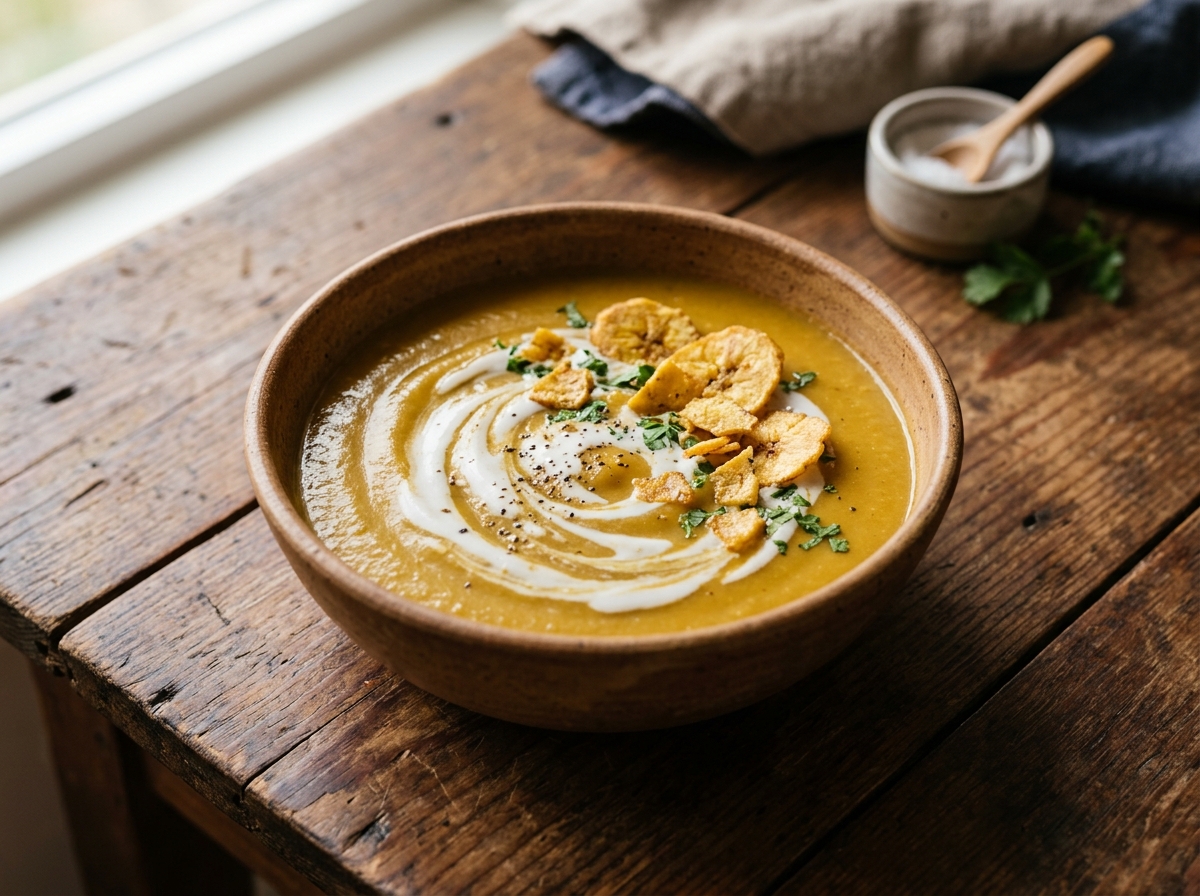 Sopa cremosa de plátano maduro costeña con leche de coco