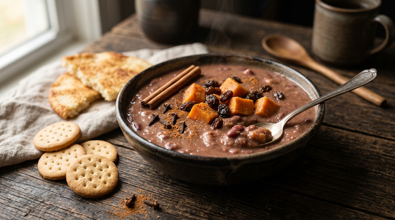 Cuenco de habichuelas con dulce dominicanas cremosas con cubos de batata y pasas, junto a galletas de leche, casabe tostado y una rama de canela
