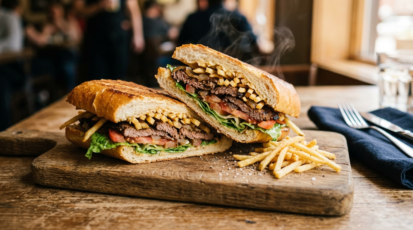 Pan con bistec cubano cortado a la mitad, con carne de palomilla, lechuga, tomate y papitas fritas de hilo dentro de pan cubano tostado