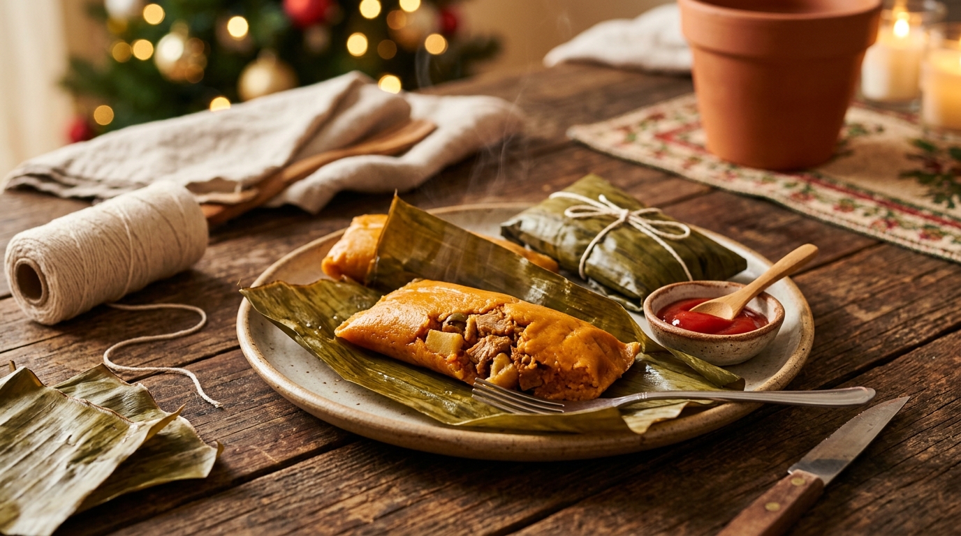Pasteles puertorriqueños desenvueltos de la hoja de plátano, masa de guineo y yautía color achiote rellena de guiso de cerdo