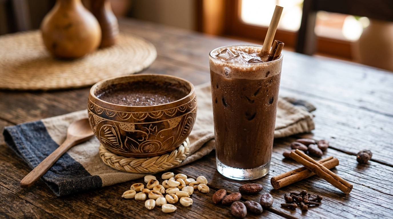 Pinol nicaragüense (pinolillo) servido en jícara y vaso alto con hielo, rodeado de maíz tostado, granos de cacao, canela y clavo de olor