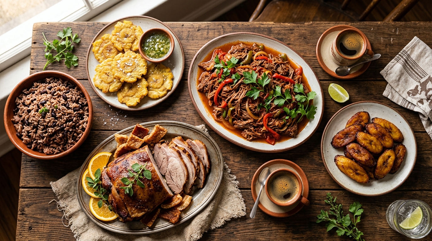 Mesa cubana con ropa vieja, congrí, tostones y puerco asado servidos para compartir