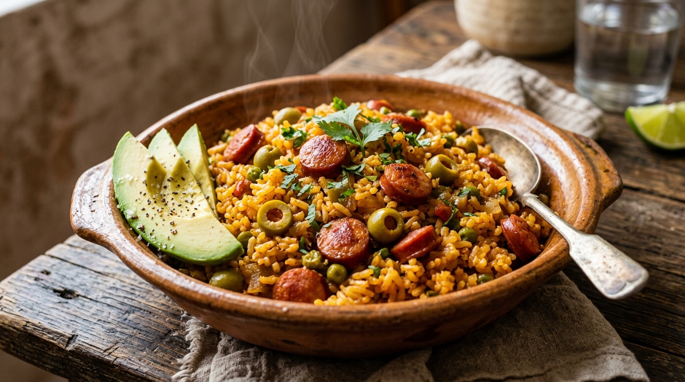 Arroz con salchichas boricua en un bowl de barro, arroz dorado con achiote, salchichas de cóctel en rodajas y aceitunas, acompañado de aguacate en rodajas