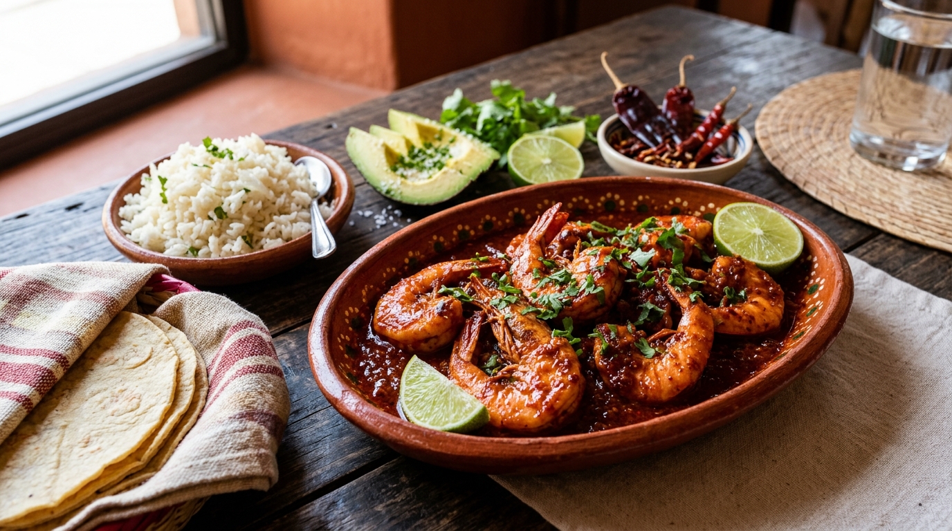 Camarones a la diabla en fuente ovalada de barro: camarones grandes con cola bañados en salsa roja espesa de chile guajillo y chile de árbol, con cilantro y limón, junto a arroz blanco, tortillas de maíz, aguacate y chiles secos