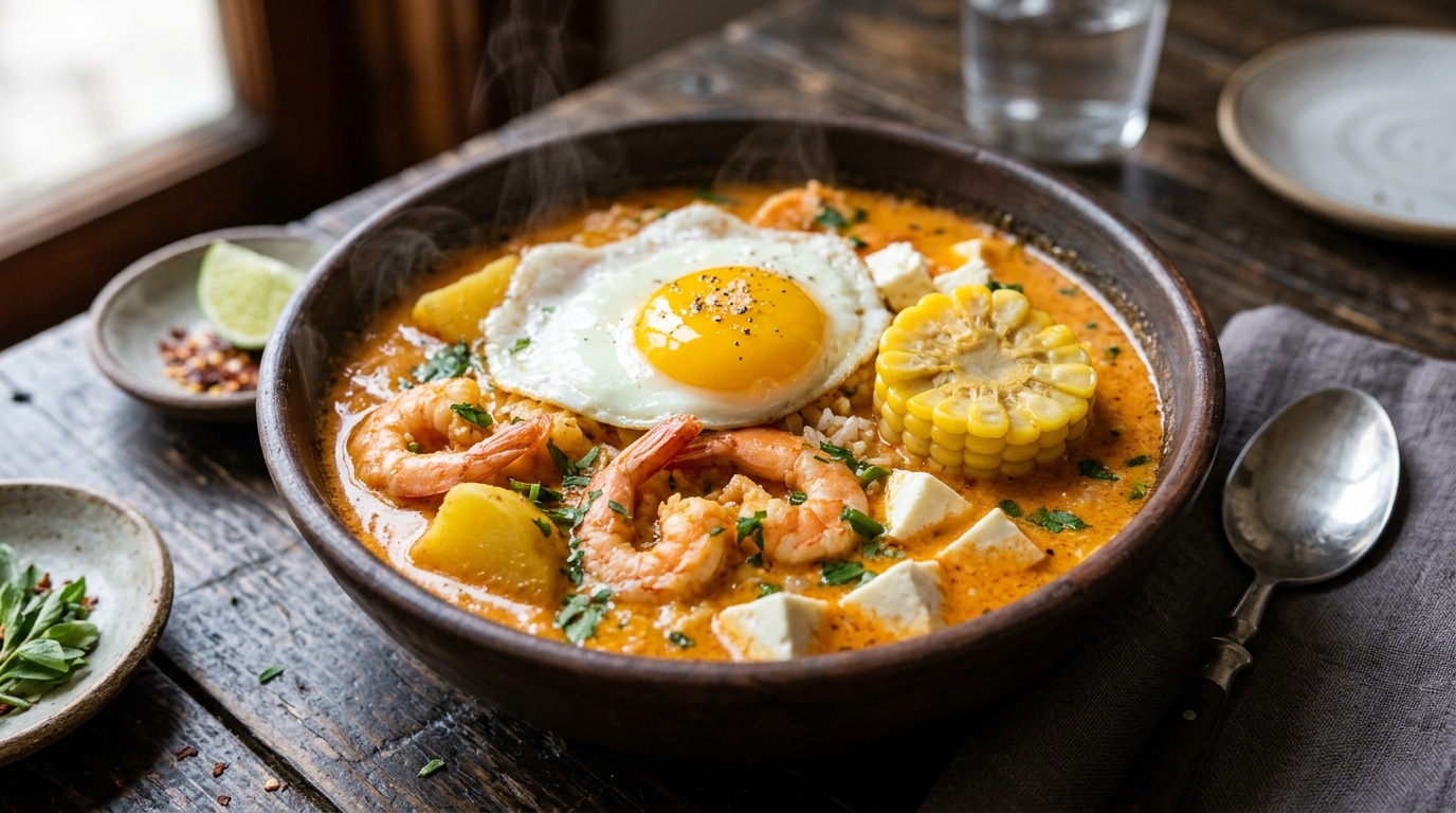 Chupe de camarones peruano servido en un bowl de barro, con camarones enteros, papa amarilla, choclo, queso fresco y un huevo frito encima