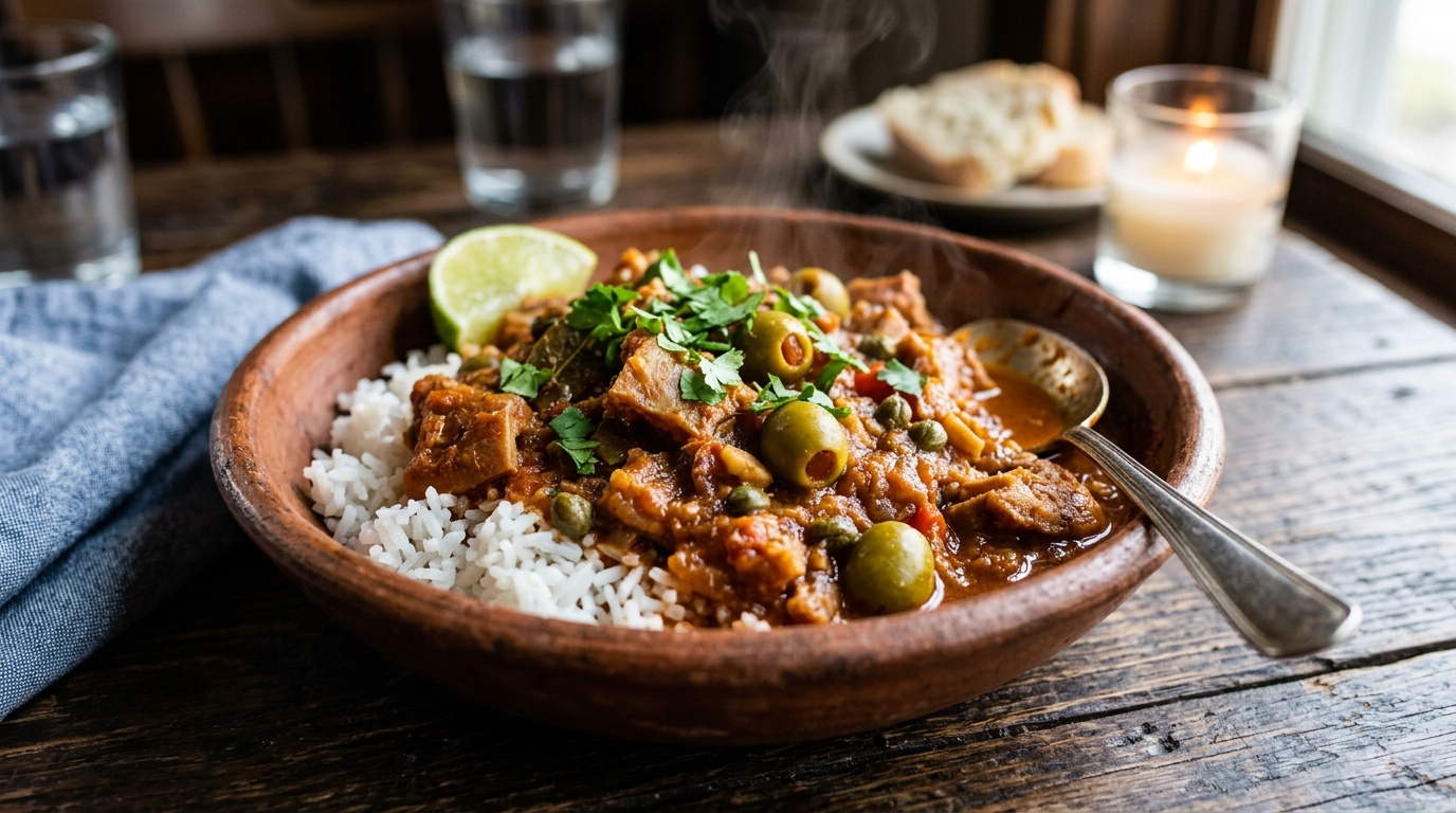 Cuajito puertorriqueño guisado en sofrito y salsa de tomate, servido sobre arroz blanco en un tazón de barro