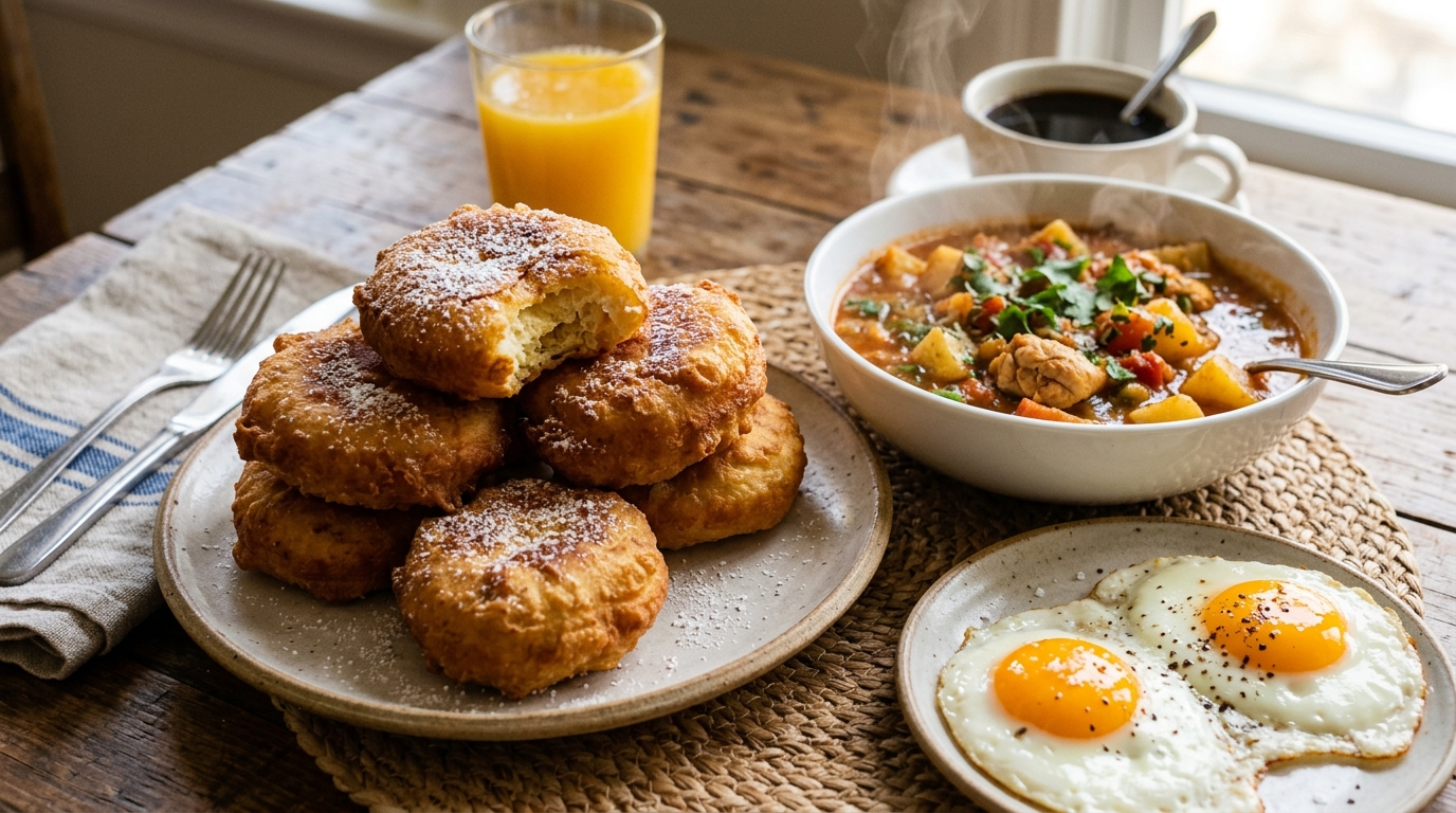 Domplines puertorriqueños fritos y dorados servidos con huevos fritos en un plato de madera