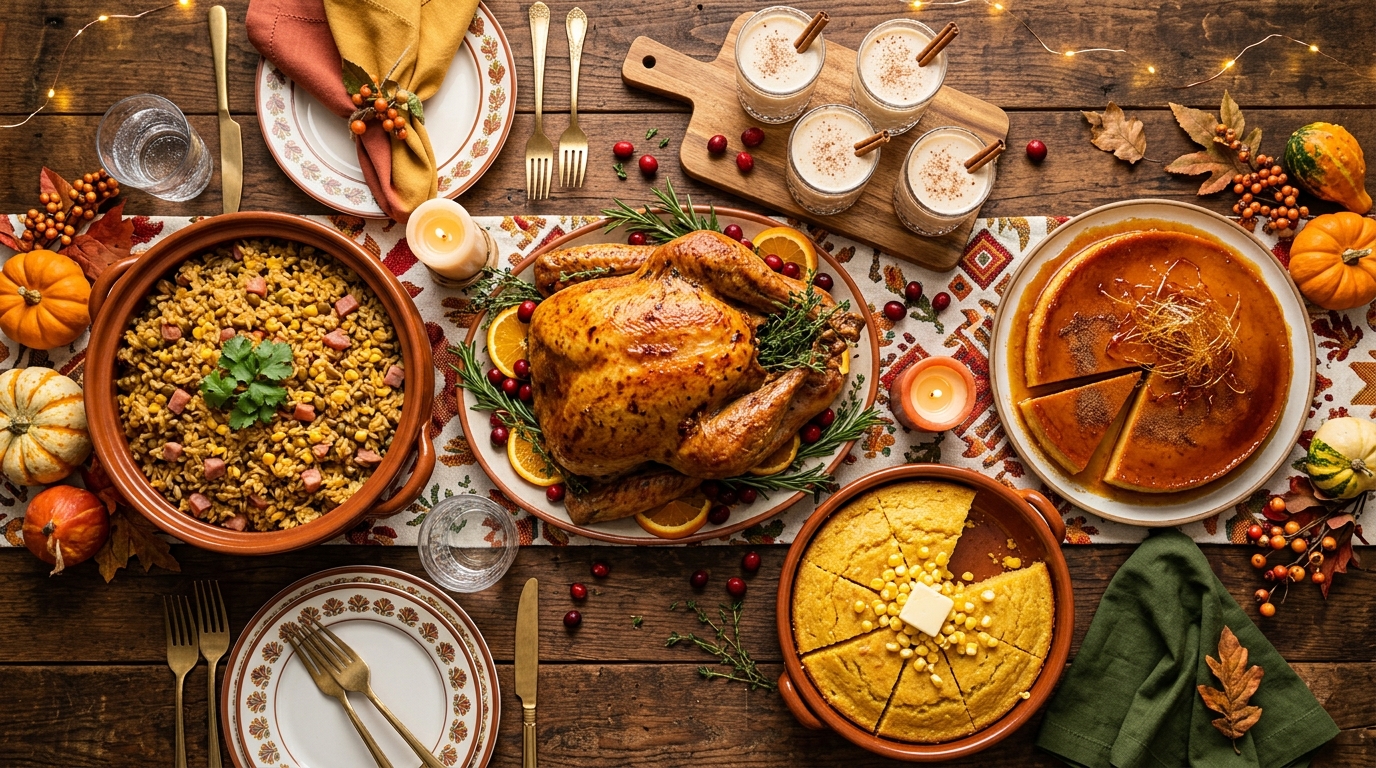 Mesa de Thanksgiving latino con pavo, arroz con gandules, flan de calabaza, pan de elote y vasitos de coquito