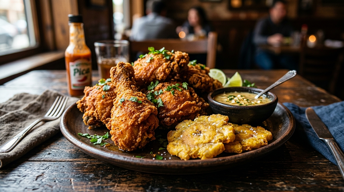 Pica pollo dominicano crujiente servido con tostones y salsa de ajo