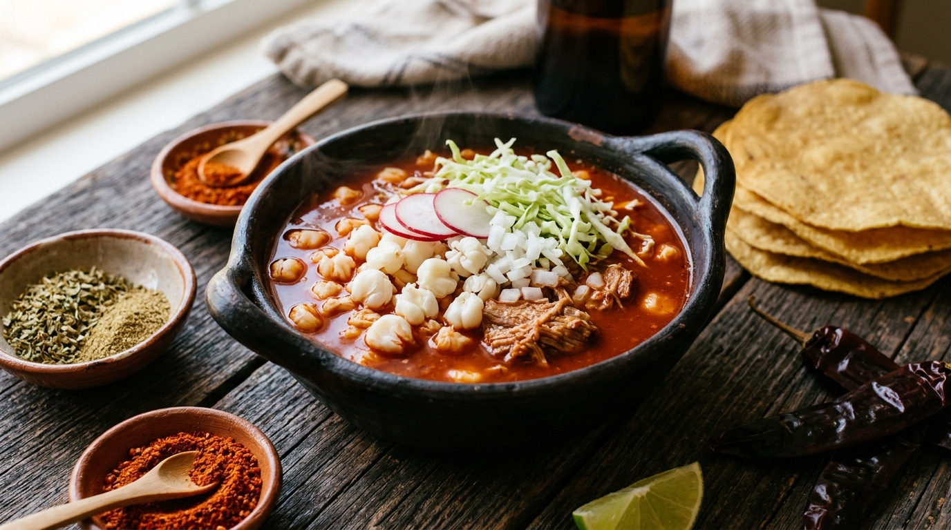 Pozole rojo de puerco en cazuela negra de barro: caldo rojo de chile guajillo con granos blancos de maíz cacahuazintle reventados, carne de cerdo deshebrada, repollo, rábano y cebolla, con tostadas, limón y chiles secos al lado