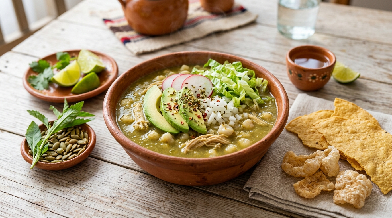 Pozole verde de pollo estilo Guerrero en tazón de barro: caldo verde olivo de tomatillo y pepitas con maíz pozolero y pollo deshebrado, cubierto de aguacate, rábano, lechuga y cebolla, con pepitas, epazote, tostadas, chicharrón y mezcal al lado