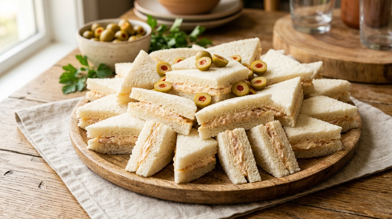 Bandeja de sandwichitos de mezcla boricuas cortados en triángulos, rellenos de jamonilla cremosa con pimientos morrones, decorados con aceitunas rellenas