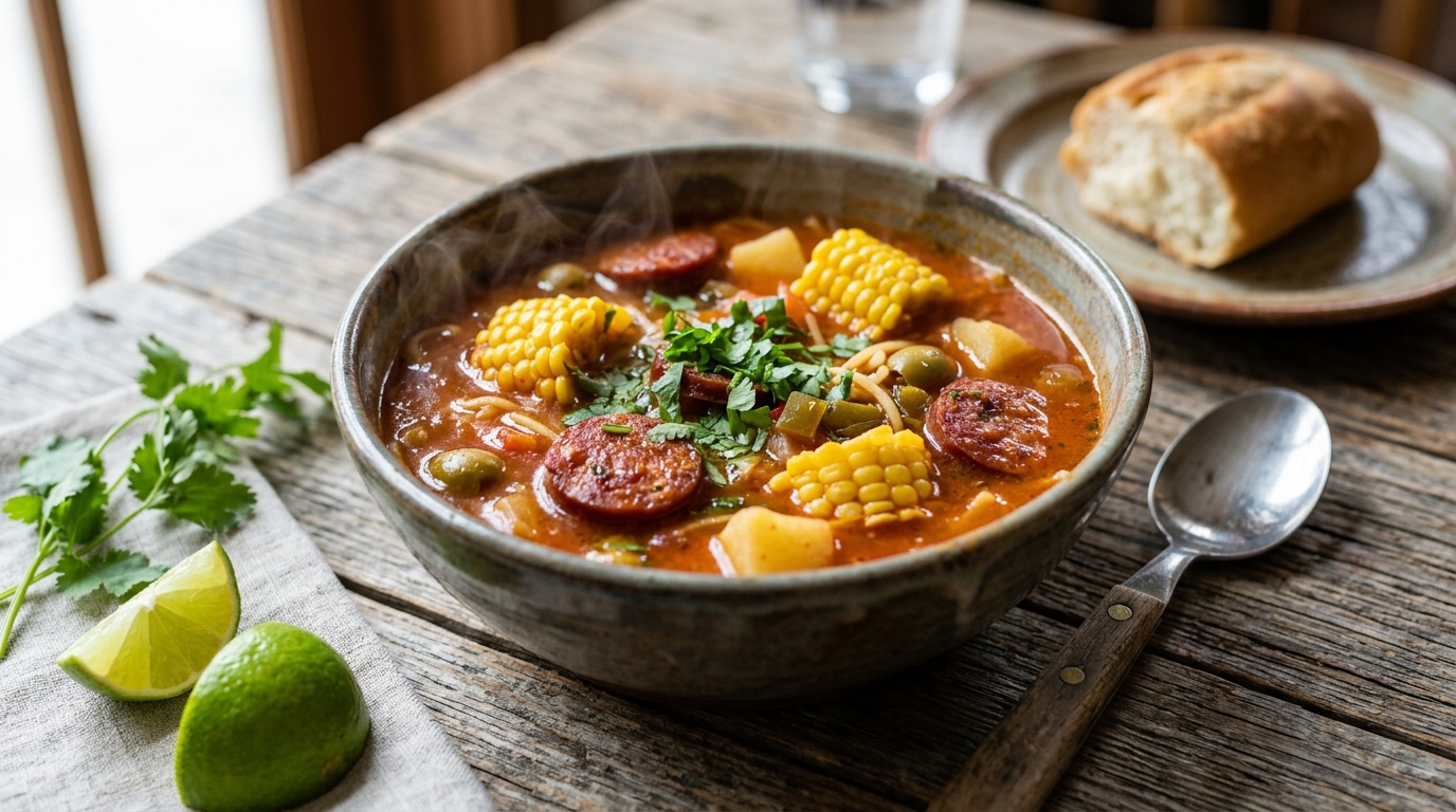Sopa de salchichón puertorriqueña con papa, maíz, aceitunas y fideos en tazón de barro