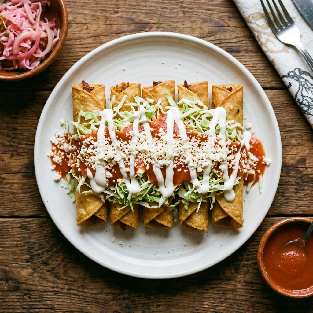 Tacos hondureños fritos y enrollados con repollo, salsa de tomate, crema y queso seco
