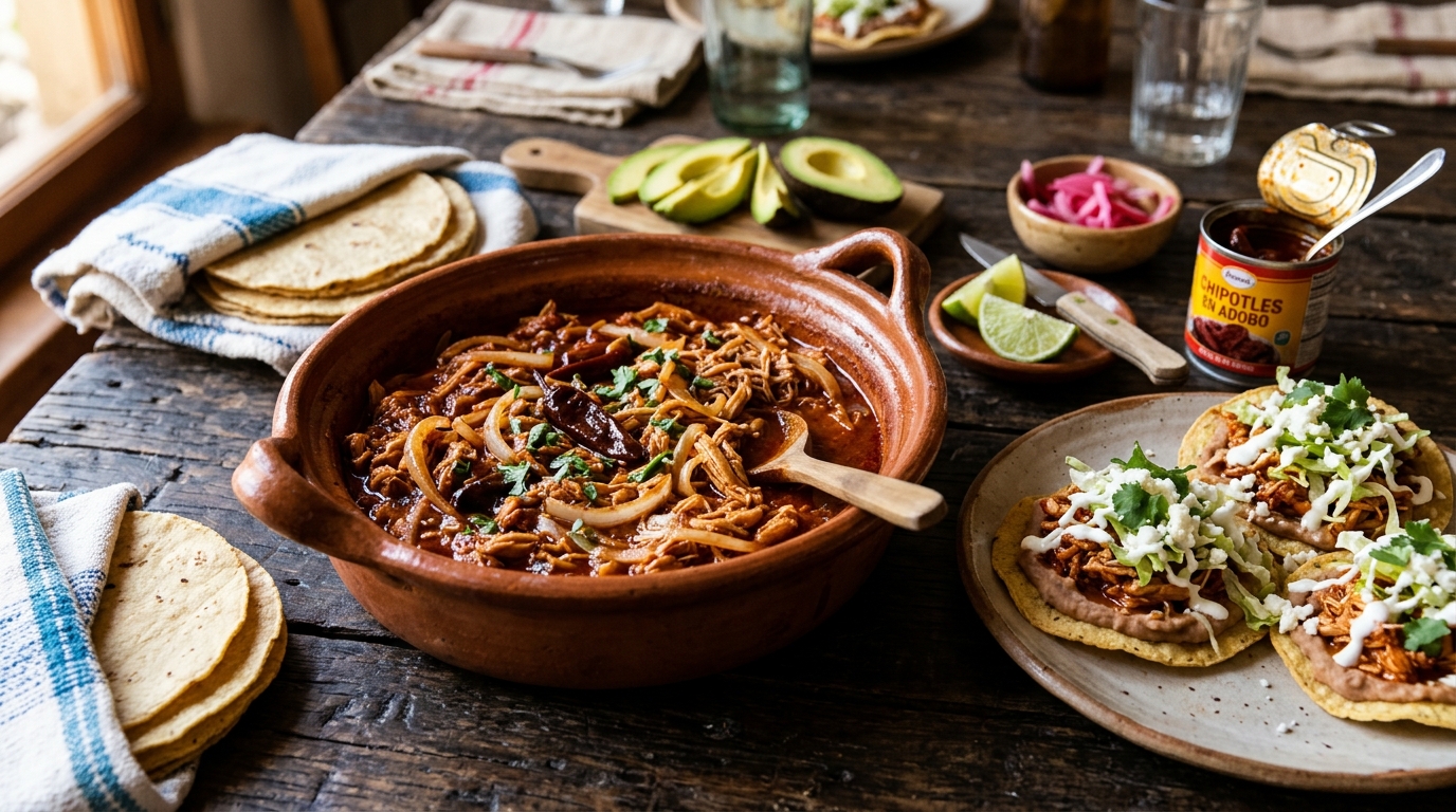 Tinga de pollo en cazuela de barro: pollo deshebrado en salsa roja de chipotle y jitomate asado con tiras de cebolla, junto a tostadas con frijoles, tinga, lechuga, queso fresco y crema, tortillas, aguacate, limón y una lata de chipotles en adobo
