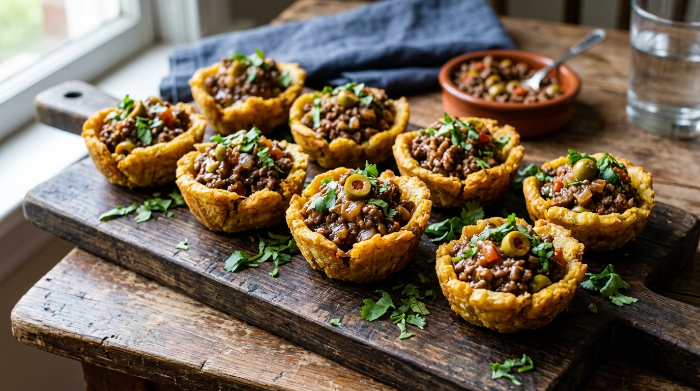 Canastitas de tostones rellenas de picadillo de carne molida con aceitunas, servidas en un plato rústico con cilantro fresco